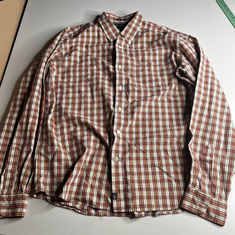 Abercrombie & Fitch Mens XL Muscle Fit Plaid Button Down Shirt Burgundy Yellow